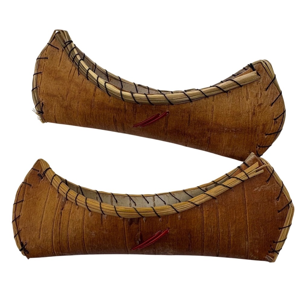 Handcrafted Birch Bark Miniature Canoe Set of 2 Rustic Indigenous Indian Native